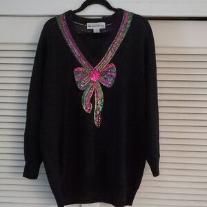 Viki International Women's Vintage Black Sequin Bow Sweater Size 3X
